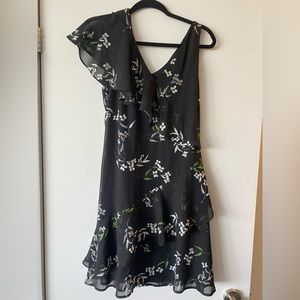RUFFLED asymmetrical black floral mini dress